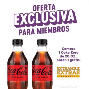 OFERTA EXCLUSIVA Compra 1 Coke Zero de 20 OZ., obtén 1 gratis. Logo: RECOMPENSAS EXTRAMILE EXTRAS Disclaimer: Oferta válida hasta el 31 de diciembre de 2021, hasta agotar existencias.